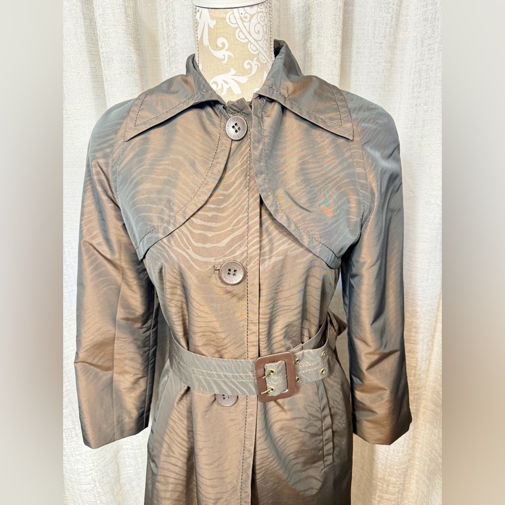 Via Spiga Brown Zebra Jacquard Trench Coat XS Belted Lightweight - Picture 3 of 13